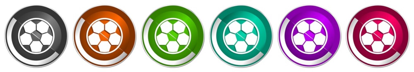 Fototapete - Soccer icon set, silver metallic chrome border vector web buttons in 6 colors options for webdesign