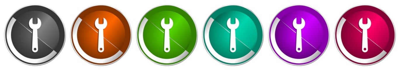 Poster - Tool icon set, silver metallic chrome border vector web buttons in 6 colors options for webdesign