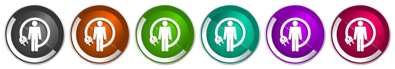 Aufkleber - Android charging wire icon set, humanoid robot silver metallic chrome border vector web buttons in 6 colors options for webdesign