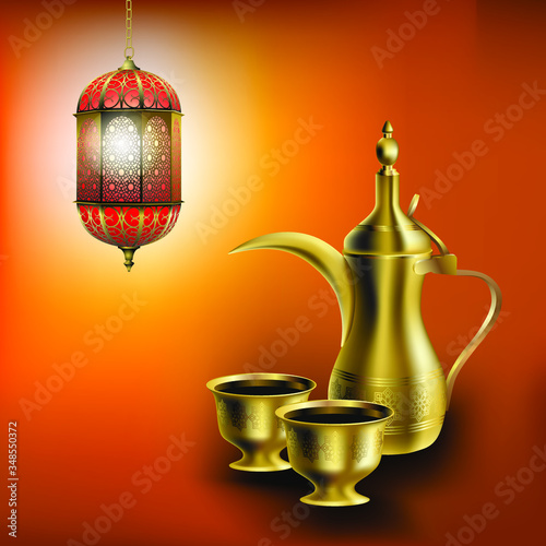 Iftar party square vector template with traditional arabic lantern, dallah coffee pot and cups of bitter coffee Khaleeji 
