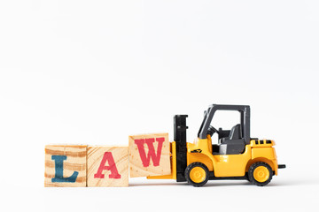 Sticker - Toy forklift hold wood letter block W to complete word law on white background