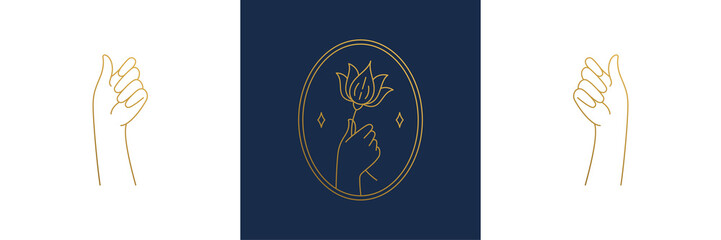Wall Mural - vector line feminine decoration design elements set - flower and female gesture hands illustrations 