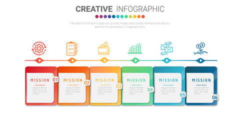 Vector 6 steps timeline infographic template with arrows. Vector illustration 