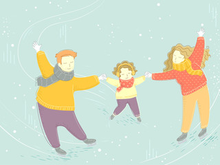 Sticker - Family Winter Skating Holding Hands Illustration