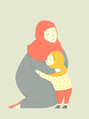 Canvas Print - Mother Muslim Hug Child Illustration