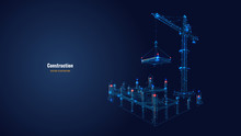 Building Work Process With Construction Equipment In Dark Blue Background. High Tower Crane Holding Slab. Building Construction Concept. Abstract Vector Illustration. Low Poly Wireframe
