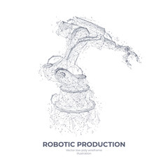 Poster - Isolated robotic arm in white background. Industrial technology concept. Abstract polygonal wireframe with lines and dots. Vector sketch drawing. 3d illustration.