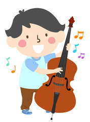 Canvas Print - Kid Boy Play Upright Bass Music Notes Illustration