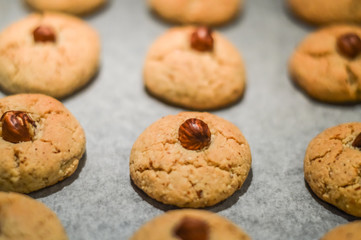 Hazelnut cookies on baking sheet close up