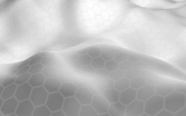 White honeycomb with a gradient color on a light background. Perspective view on polygon look like honeycomb. Wavy surface. Isometric geometry. 3D illustration