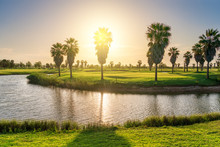 Beautiful, With Green Grass, Golf Course, With A Pond, With Sunny Blue And Clear Sky. Portugal, Algarve.