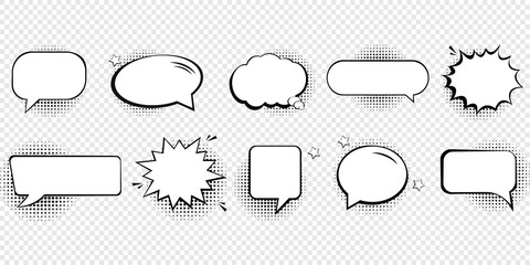 retro empty comic speech bubbles set with black halftone shadows.