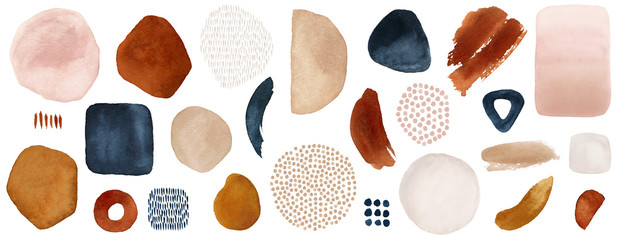 abstract elements. terracotta, blue, orange, blush, pink, ivory, beige watercolor illustration and g