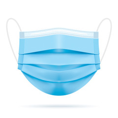 Medical blue face mask, realistic vector illustration. Covid-19 protection surgical 3 ply mouth mask with shadow, isolated on white. Disease and pollution protective mask for personal health safety.