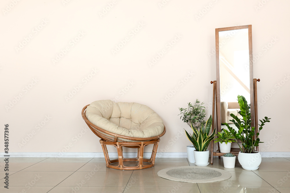 Comfortable armchair and mirror with houseplants near light wall