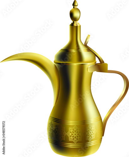 Vector traditional arabic coffee pot isolated on white background. Realistic 3D oriental golden dallah with oriental ornament 
