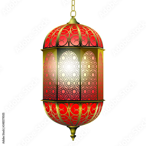 Realistic vector 3D traditional burning arabic hanging golden lantern with oriental ornament on chain isolated on white background