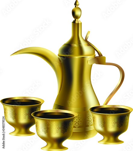Golden realistic vector 3D arabic coffee pot dallah and three cups of bitter coffee Khaleeji isolated on white background 