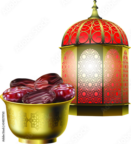 Retro vintage arabic burning lantern with oriental ornament and bowl with dried dates. Vector realistic 3D image isolated on white background 