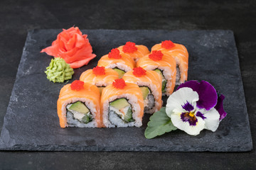 japanese sushi food. Maki ands rolls with tuna, salmon, shrimp, crab and avocado.