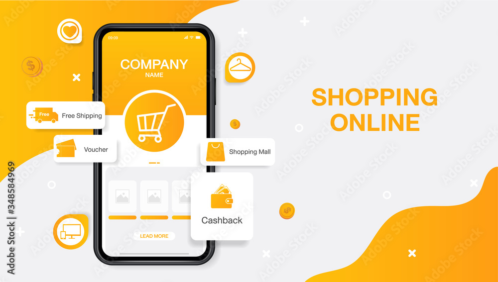 shopping online website landing page template. mobile store application ...