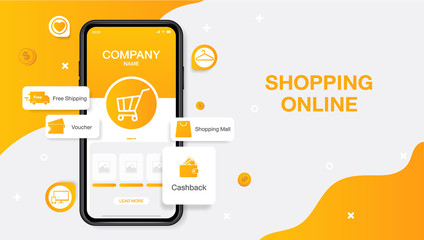 shopping online website landing page template. mobile store application concept. marketing and digital marketing. vector illustration modern design. UI, posters, banners.