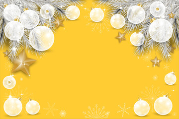 Wall Mural - Vector winter background with beautiful various of white Chritsmas balls,golden stars and snowflakes on yellow background,Elegant Christmas background with snowflakes and copy space for text