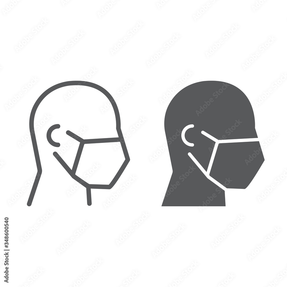 Man in medical face mask line and glyph icon, covid-19 and protection, medical mask sign vector graphics, a linear icon on a white background. - obrazy, fototapety, plakaty 