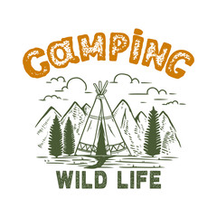Wall Mural - camping wild life. vintage design with mountains, camping tent, forest silhouettes. for poster, bann