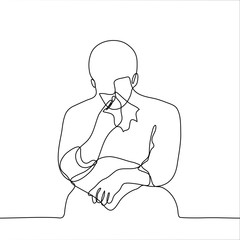 Poster - the man is sitting and crying. one continuous line drawing of a seated man wiping his tears with a handkerchief, on his lap a pillow. Vector illustration of a sad man can be used for animation.