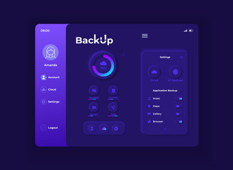 Canvas Print - Backup application tablet interface vector template. Mobile app page night mode design layout. Cloud storage service screen. Flat UI for application. Data upload process on portable device display