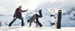 © guruXOX - Two happy and funny snowboarder make fun, drink beer and enjoy in beautiful winter alps mountain range