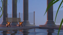3d Render. Sunset Composition With Old Columns And Water. Architectural Environment With Bench In Center.