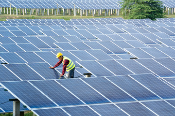 Poster - Engineer working on checking and maintenance equipment at industry solar power,Concept of green new energy.