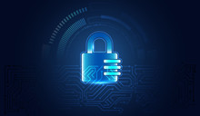 Abstract Circuit Board On The Blue Background. Data Protection Privacy Concept. Futuristic Padlock Icon And Internet Technology Networking Connection. Cyber Security Internet And Networking Concept.