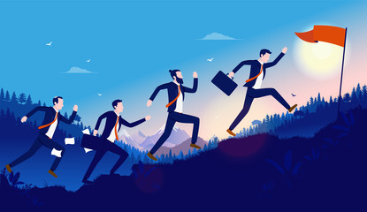 Wall Mural - Business race towards goal - Business people running up hill to reach a red flag. Competition, challenge, opportunities and competitive concept. Vector illustration.