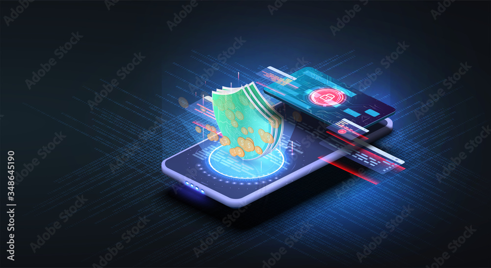Isometric online payment online concept. Money transfers, smartphone payment services and digital pay. Electronic bill, finance data protection, smartphone with credit card. Concept mobile payments.UX - obrazy, fototapety, plakaty 