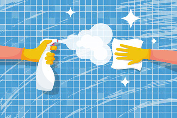 cleaning shiny tiles in the bathroom. spraying antibacterial sanitizing spray. pollution prevention.