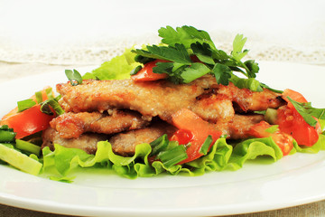 Wall Mural - close up of potato with chicken with vegetables and salad on plate