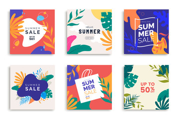 Fototapete - Summer templates for promo posts on social media networks. Colorful summer banner set with tropical leaves. Stories template bundle. Use for product catalog, discount voucher, advertising.