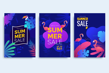 Wall Mural - summer promotion poster collection in neon colors. summer posters with colorful tropical leaves, bir