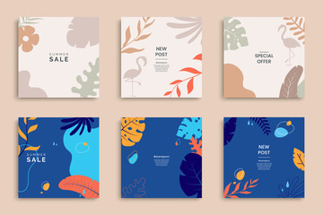 Fototapete - Summer templates for promo posts on social media networks. Colorful summer banner set with tropical leaves in minimal style. Stories template bundle. Use for product catalog, discount voucher, ad.