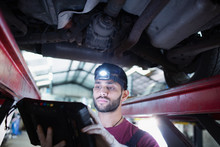 Male Mechanic With Headlight And Diagnostic Equipment Working Under Car In Auto Repair Shop