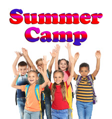 Poster - Group of little children with backpacks on white background. Summer camp