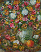 Bouquet Of Flowers, Roses And Fruits, Oil Painting
