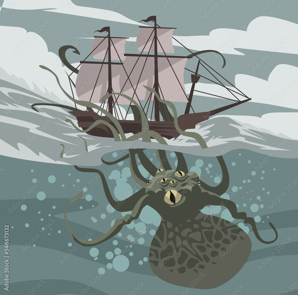 sea octopus monster kraken attacking a ship - obrazy, fototapety, plakaty 