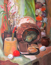 Country Still Life With A Basket, Oil Painting