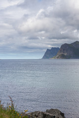 Wall Mural - End of fjord. Beautiful Norwegian landscape. view of the fjords. Norway ideal fjord reflection in clear water In cloudy weather. selective focus