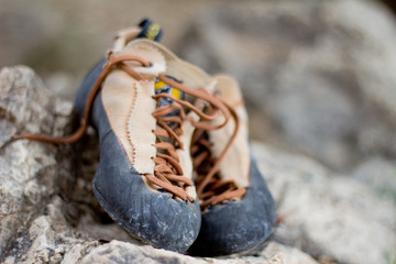 Selective focus of a worn climbing shoes