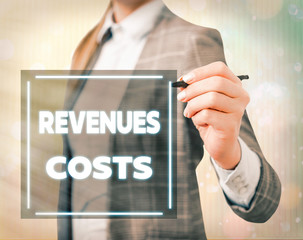 Conceptual hand writing showing Revenues Costs. Concept meaning Total amount of money in Manufacturing and Delivery a product